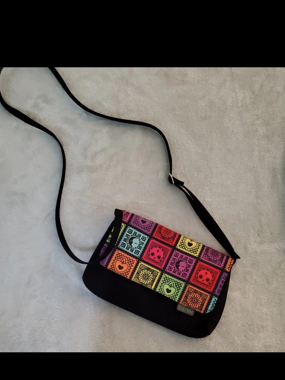 Benik Black Shoulder Sling Purse Neon Celestisl Print 10x6.5in Soft Lightweight